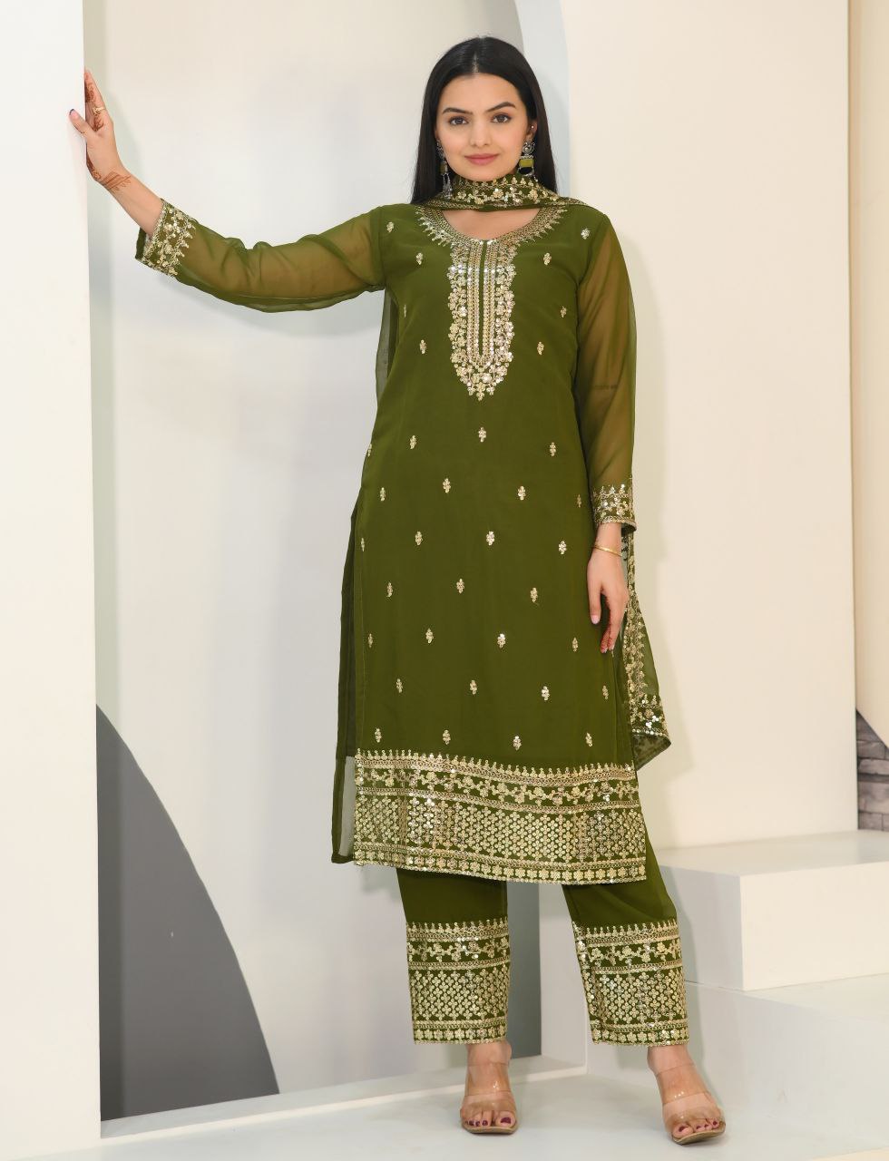 Lehenga Mart Designer Faux Georgette Suit With Embroidered Work - Mahendi