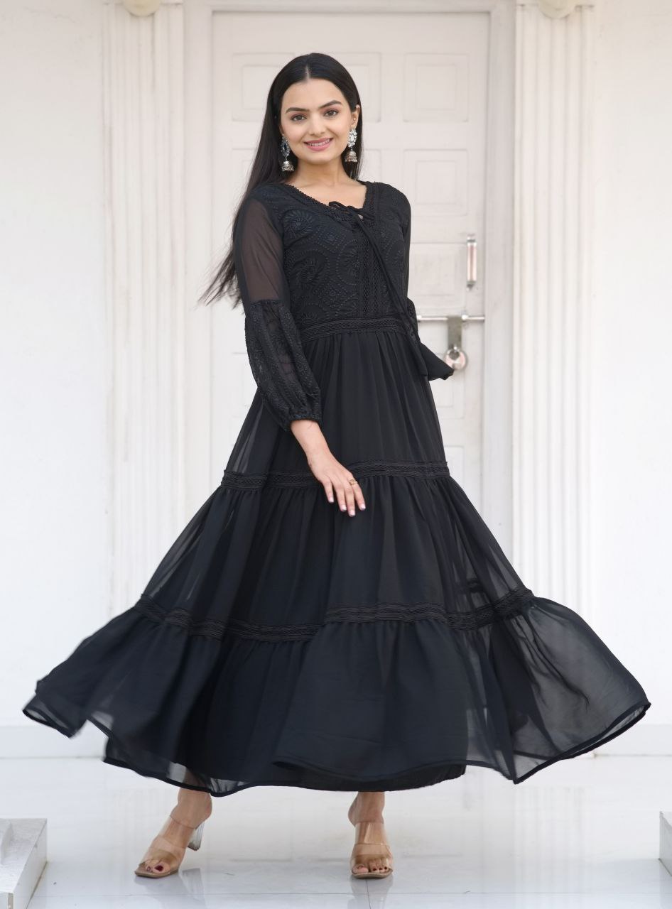 Lehenga Mart Designer Faux Georgette Gown With Embroidered Work - Black