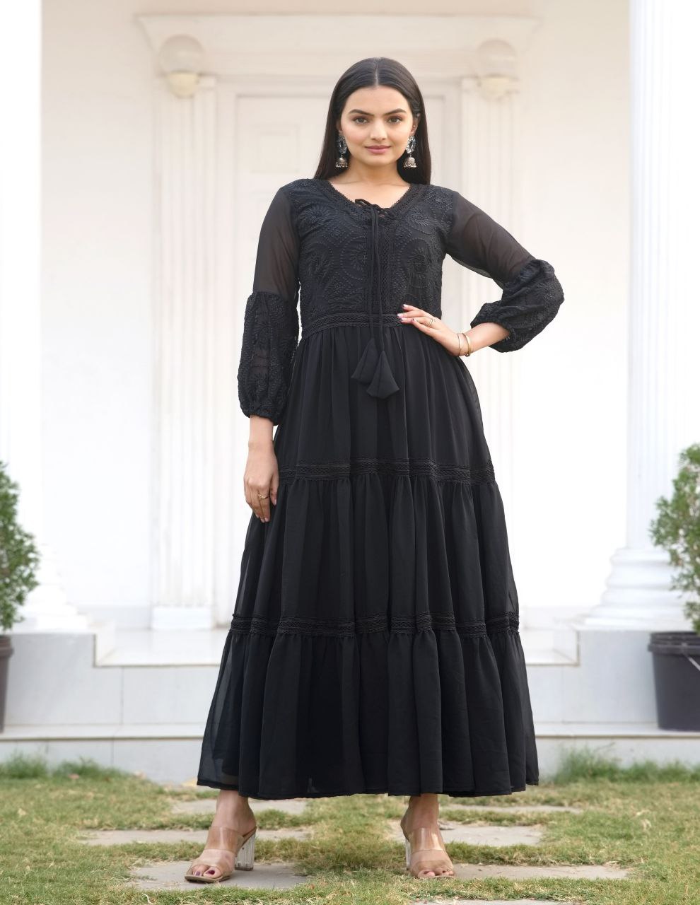 Lehenga Mart Designer Faux Georgette Gown With Embroidered Work - Black