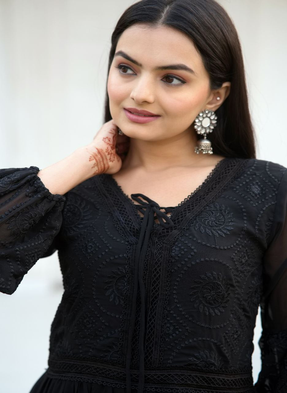 Lehenga Mart Designer Faux Georgette Gown With Embroidered Work - Black