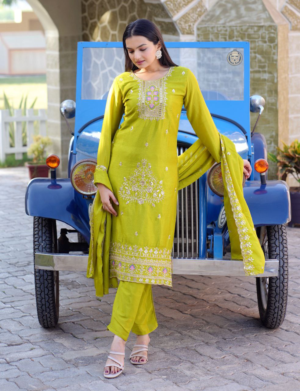 Lehenga Mart Designer Chinon Suit With Embroidered Work - Parrot Green