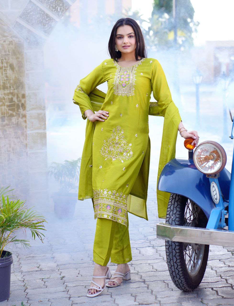 Lehenga Mart Designer Chinon Suit With Embroidered Work - Parrot Green