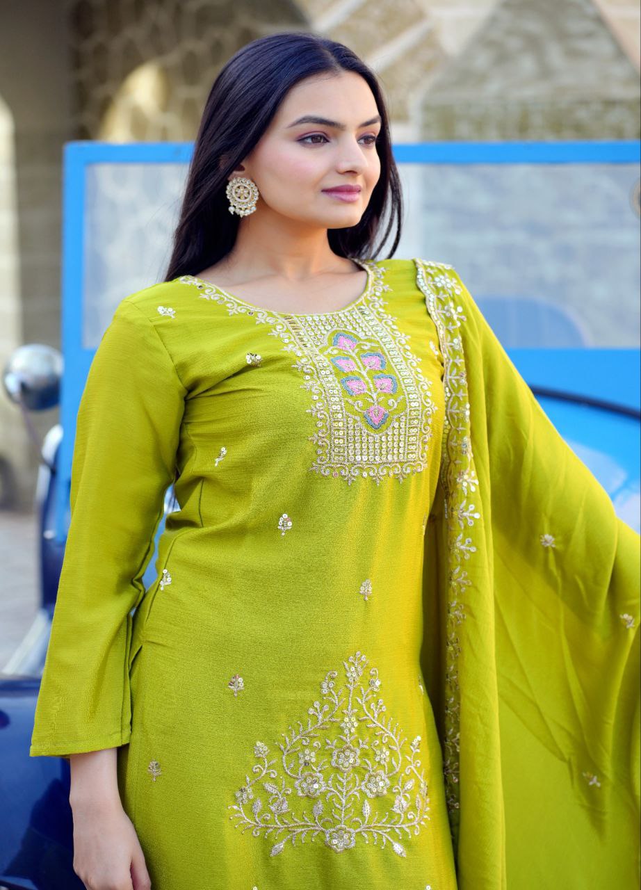 Lehenga Mart Designer Chinon Suit With Embroidered Work - Parrot Green