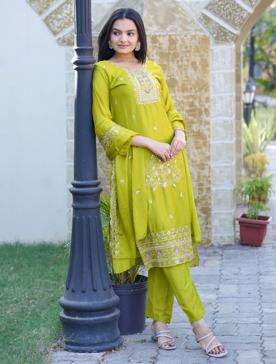 Lehenga Mart Designer Chinon Suit With Embroidered Work - Parrot Green