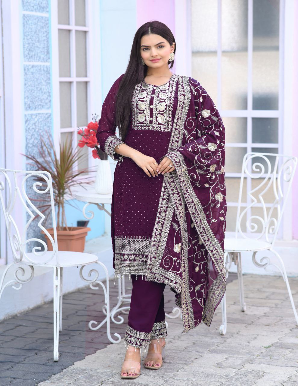 Lehenga Mart Designer Faux Georgette Suit With Embroidered Work And Stone Work - Wine