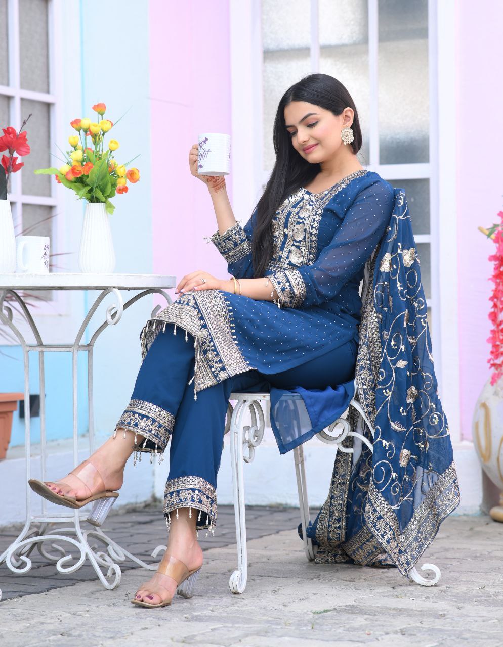 Lehenga Mart Designer Faux Georgette Suit With Embroidered Work And Stone Work - Blue