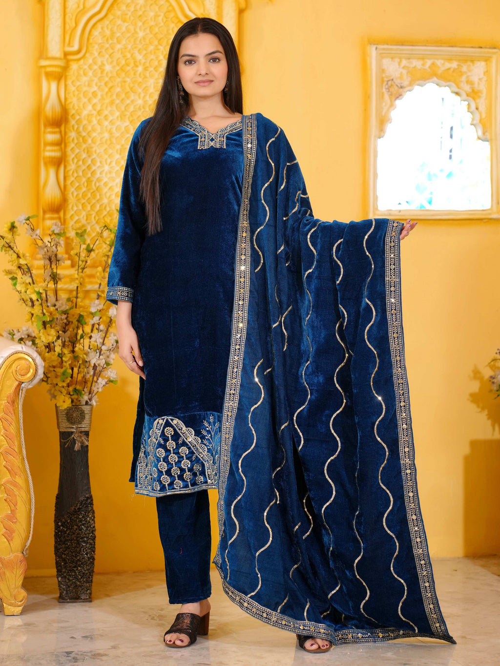Lehenga Mart Designer Velvet Suit With Embroidered Work - Blue