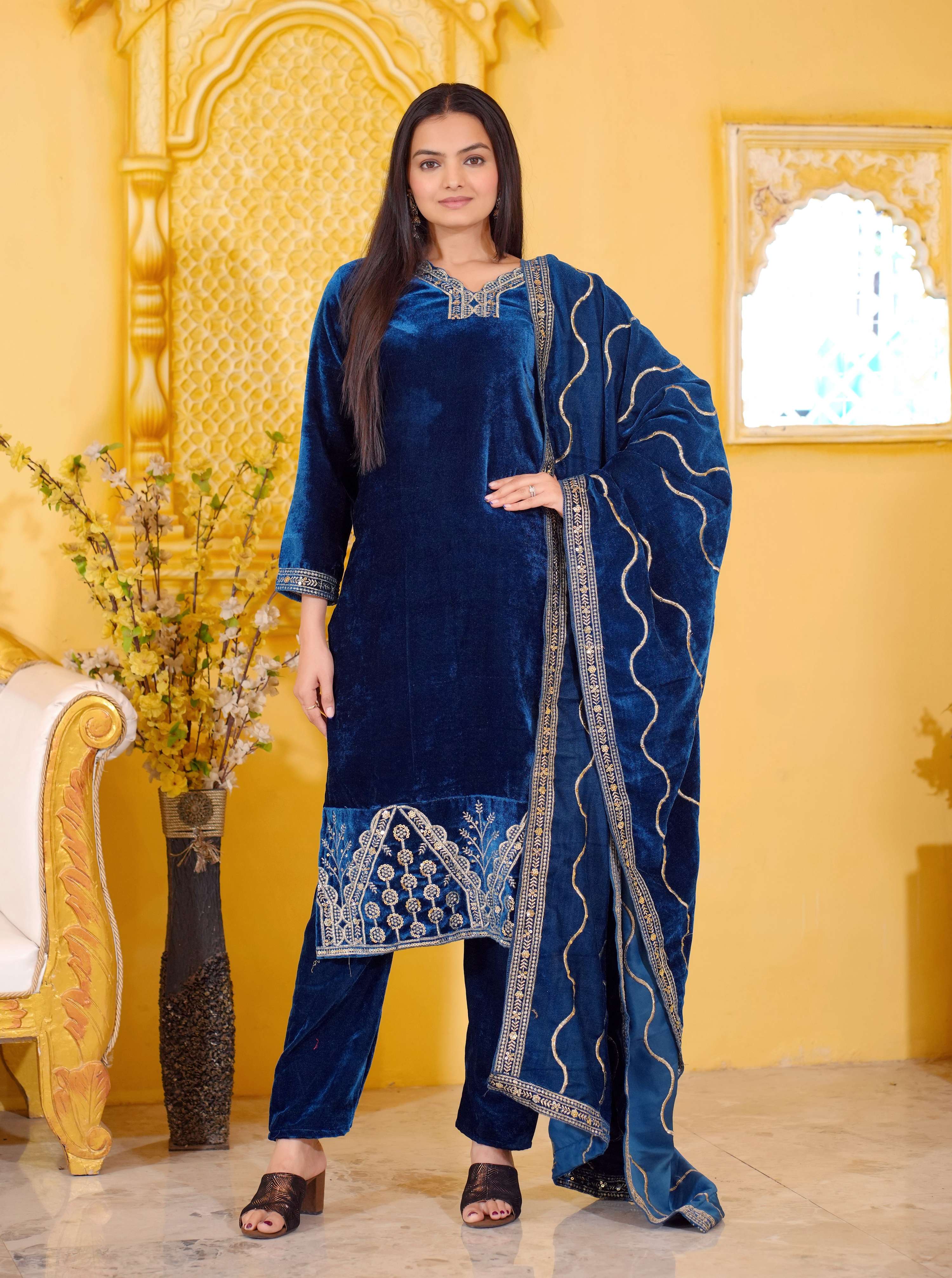 Lehenga Mart Designer Velvet Suit With Embroidered Work - Blue