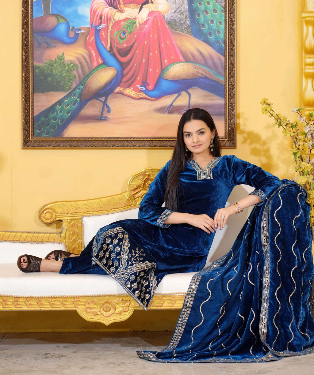 Lehenga Mart Designer Velvet Suit With Embroidered Work - Blue