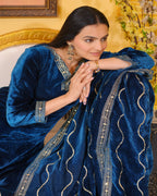 Lehenga Mart Designer Velvet Suit With Embroidered Work - Blue