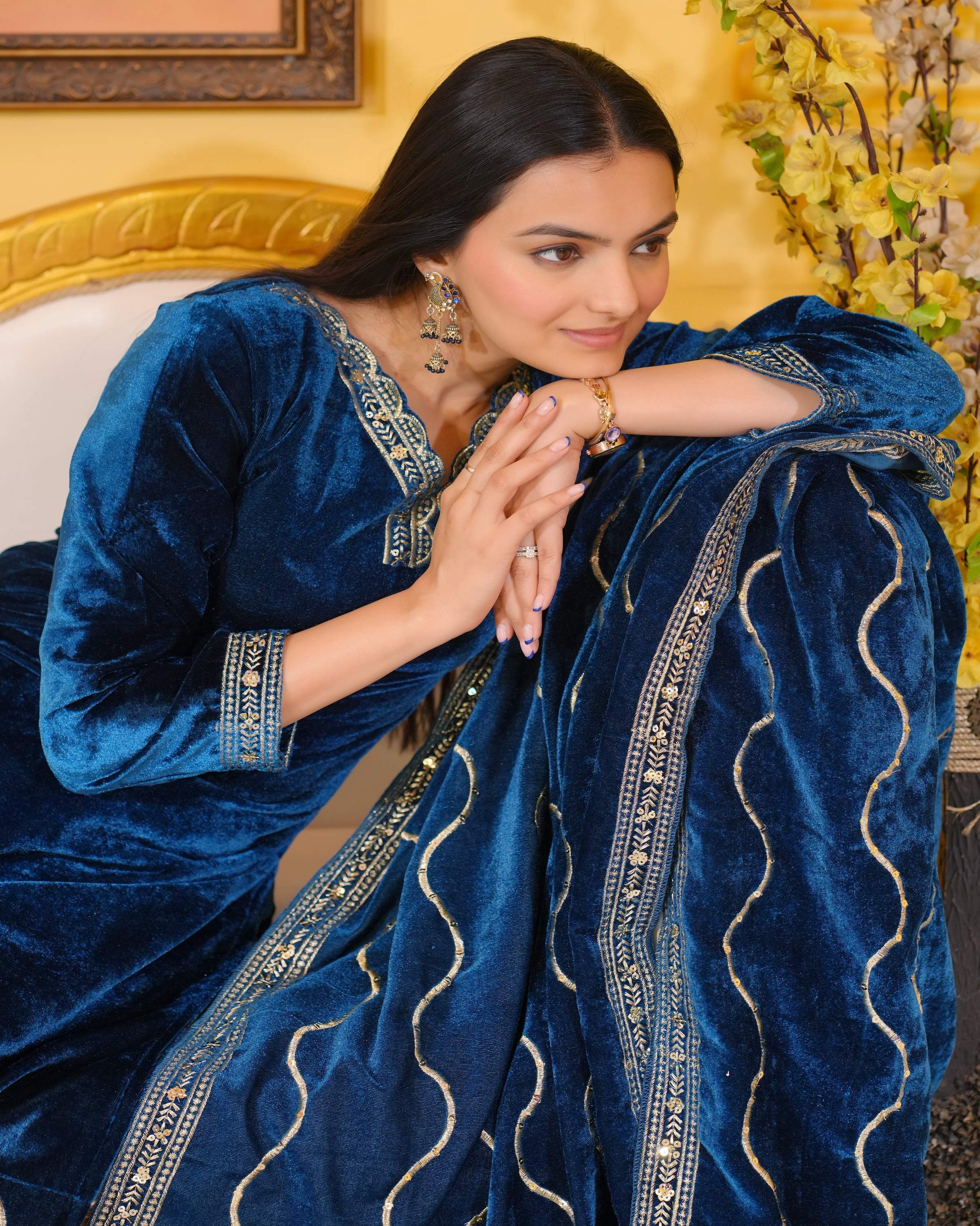 Lehenga Mart Designer Velvet Suit With Embroidered Work - Blue