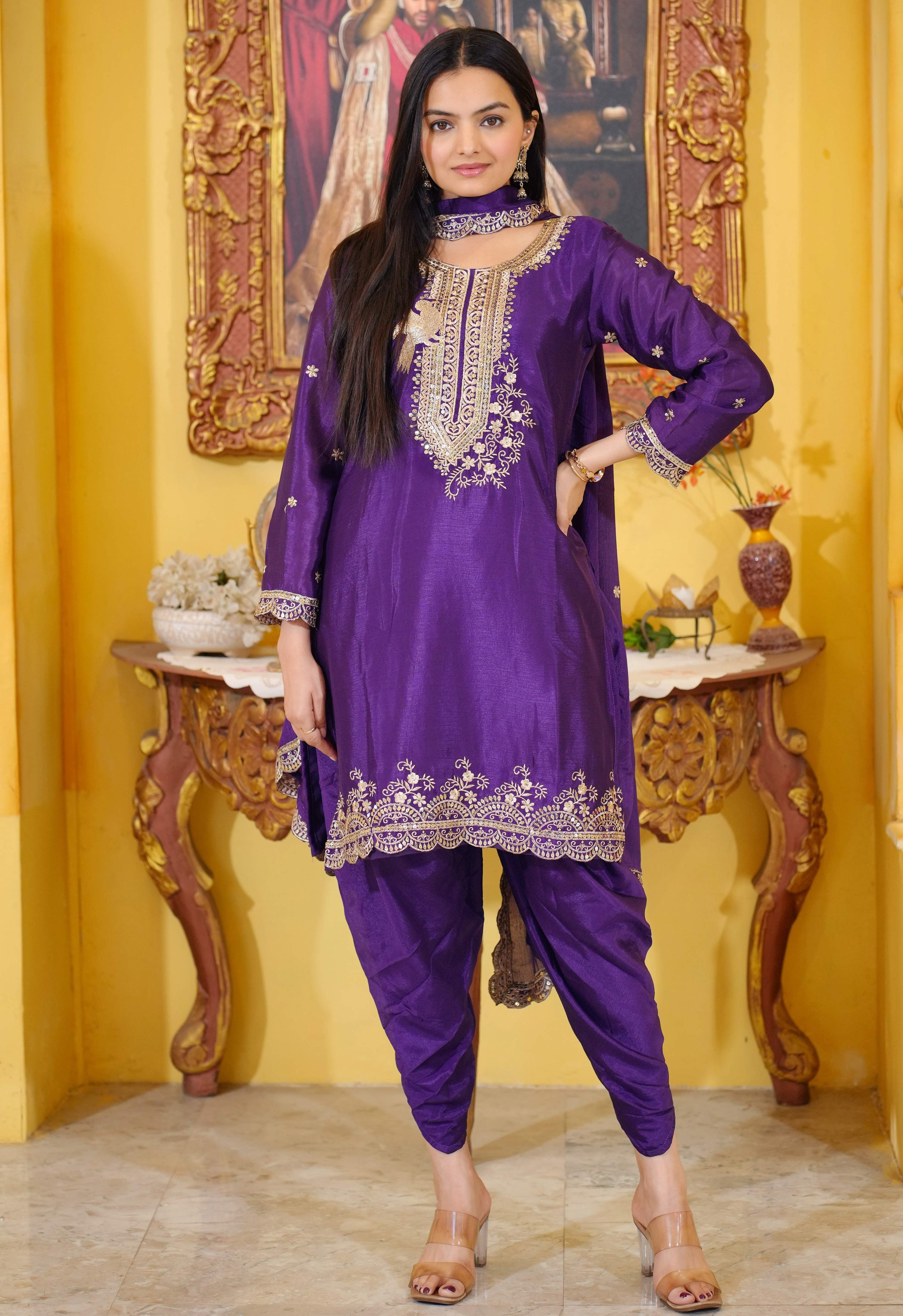 Lehenga Mart Designer Chinon Dhoti Suit With Sequence Embroidered Work - Purple