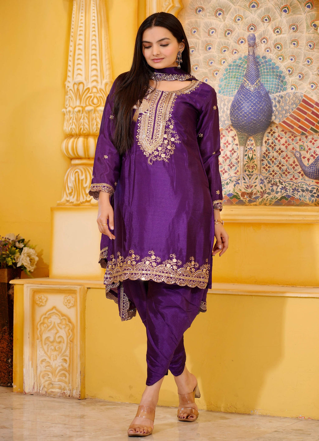 Lehenga Mart Designer Chinon Dhoti Suit With Sequence Embroidered Work - Purple