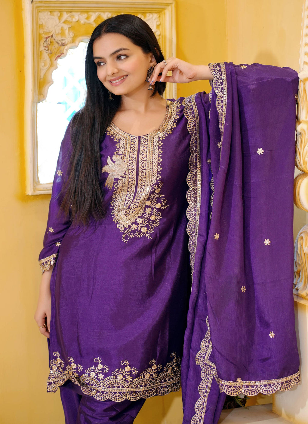Lehenga Mart Designer Chinon Dhoti Suit With Sequence Embroidered Work - Purple
