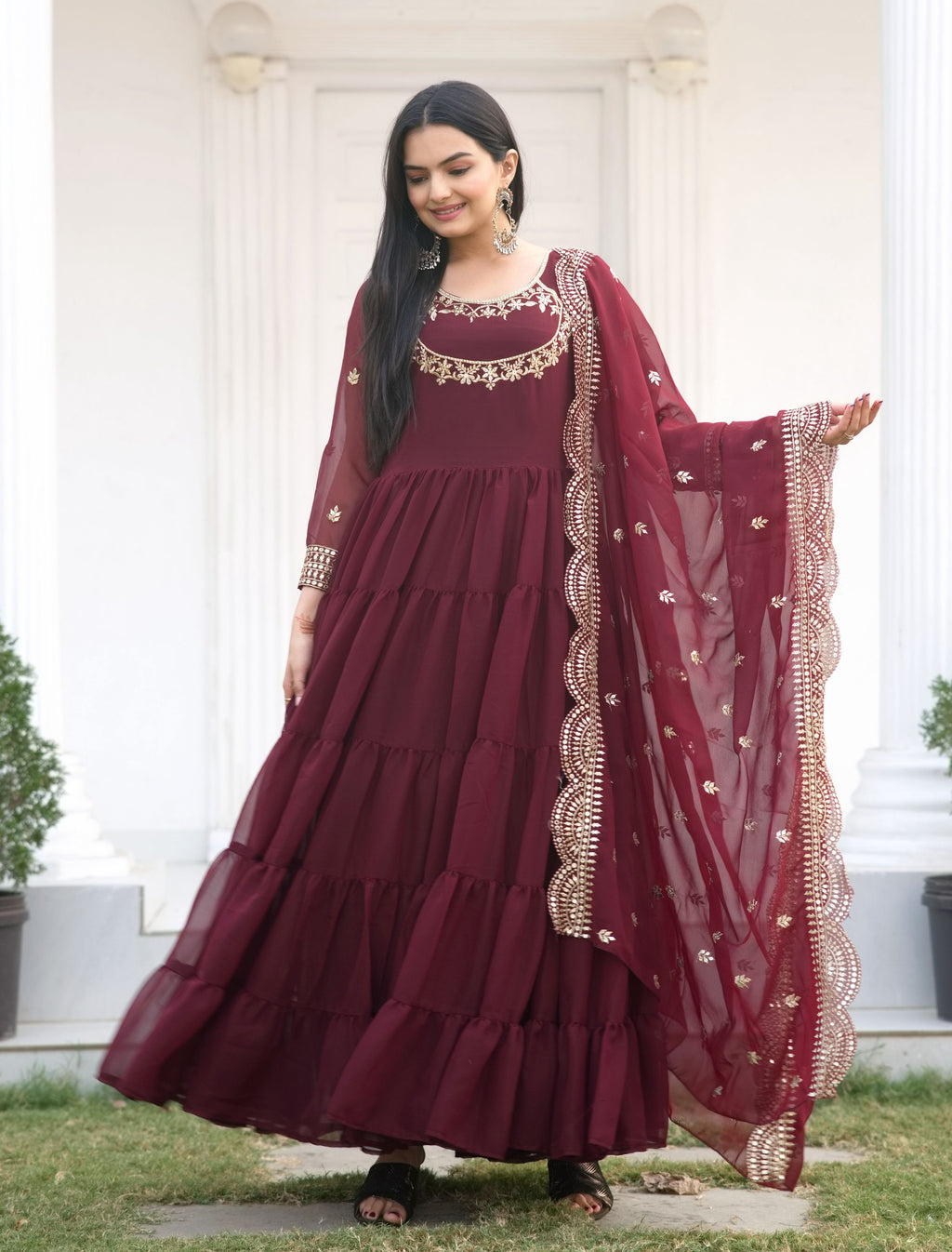 Lehenga Mart Designer Georgette Gown With Sequence Embroidered Work - Maroon
