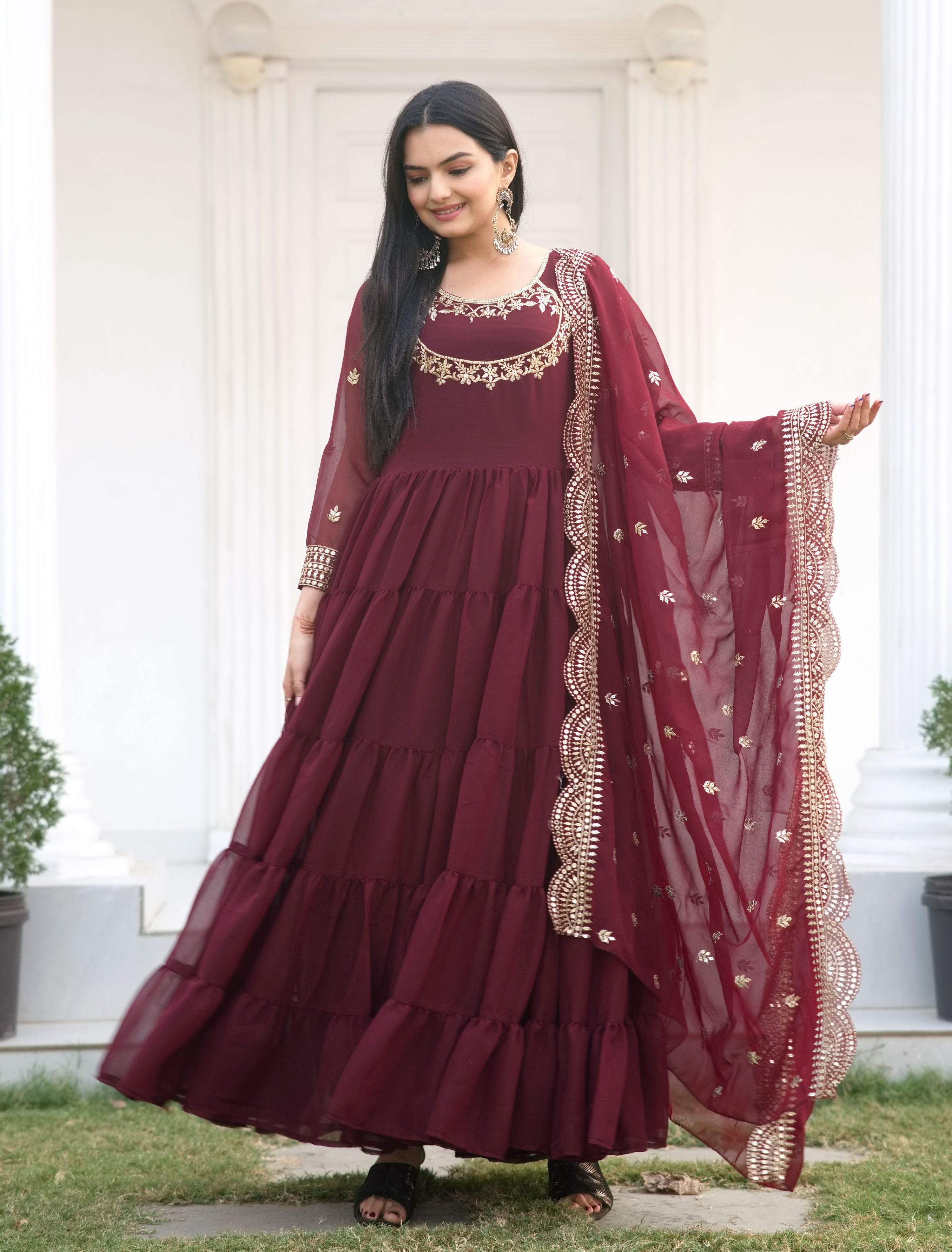 Lehenga Mart Designer Georgette Gown With Sequence Embroidered Work - Maroon