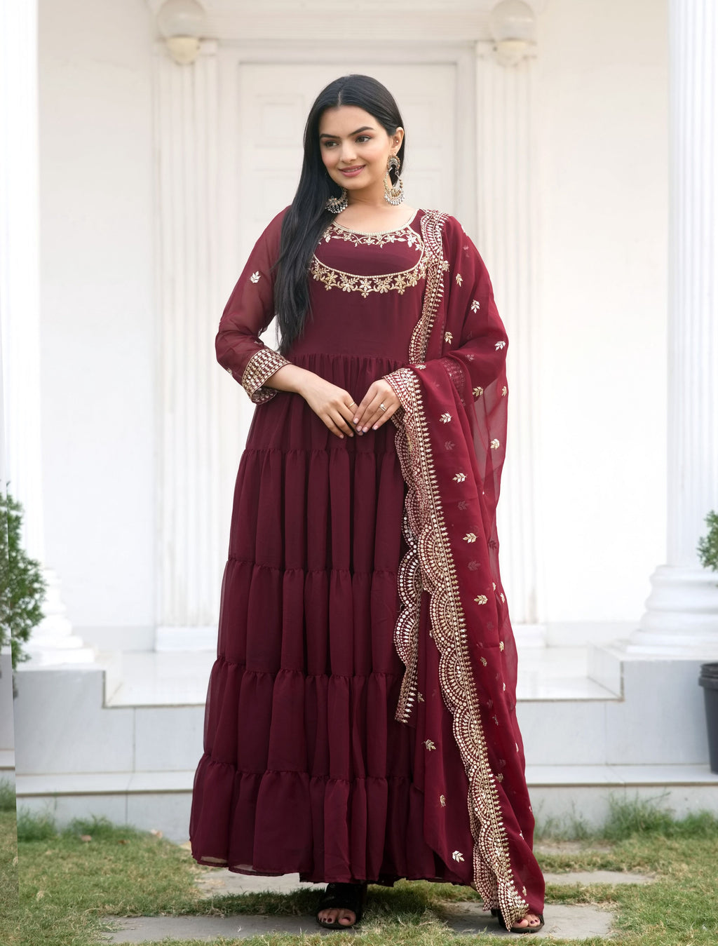 Lehenga Mart Designer Georgette Gown With Sequence Embroidered Work - Maroon