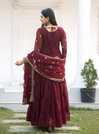 Lehenga Mart Designer Georgette Gown With Sequence Embroidered Work - Maroon