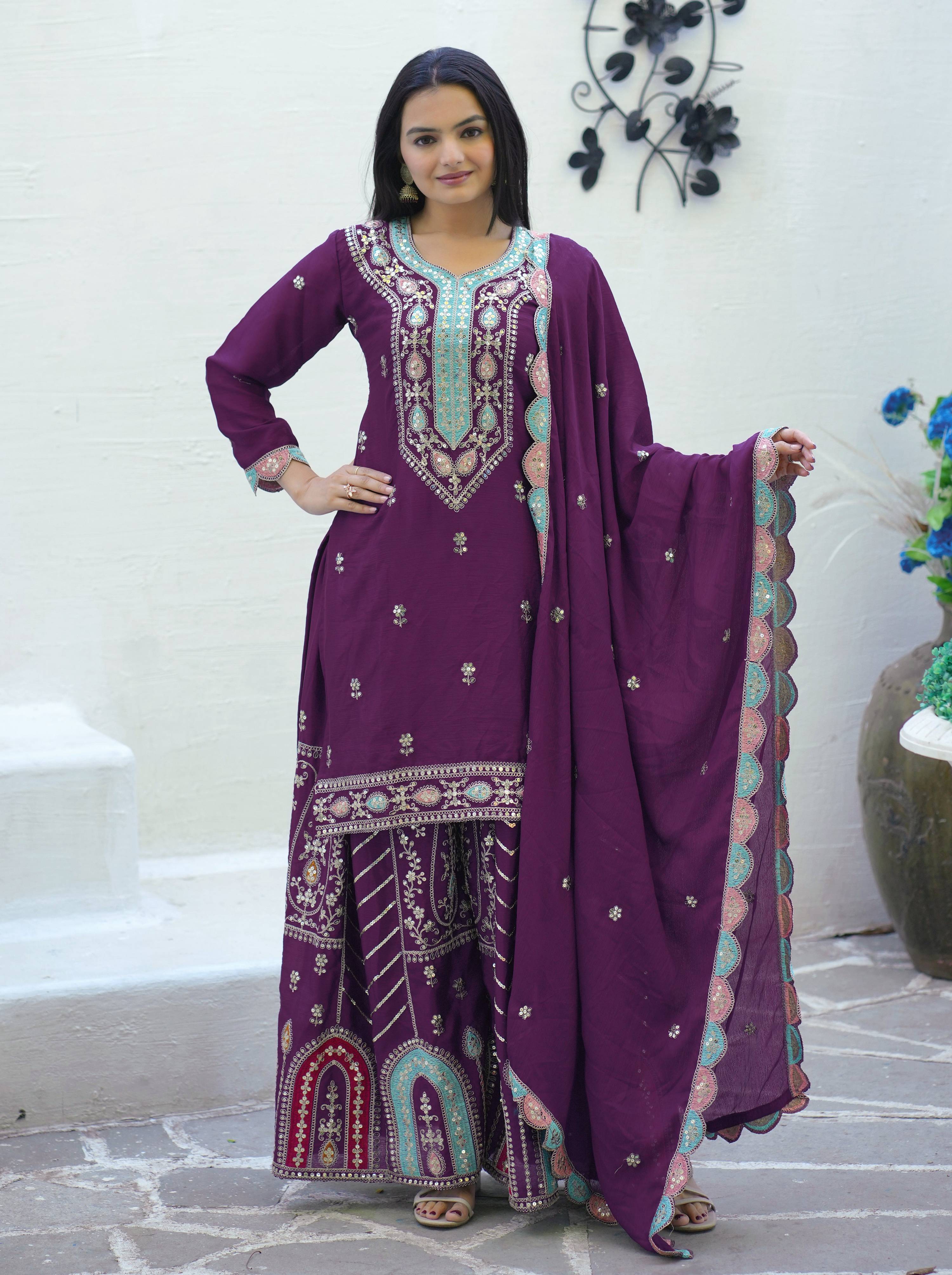 Lehenga Mart Designer Chinon Suit With Sequence Embroidered Work - Purple
