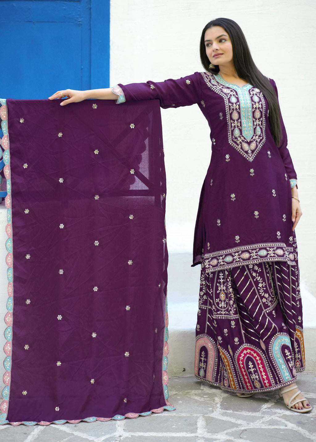 Lehenga Mart Designer Chinon Suit With Sequence Embroidered Work - Purple