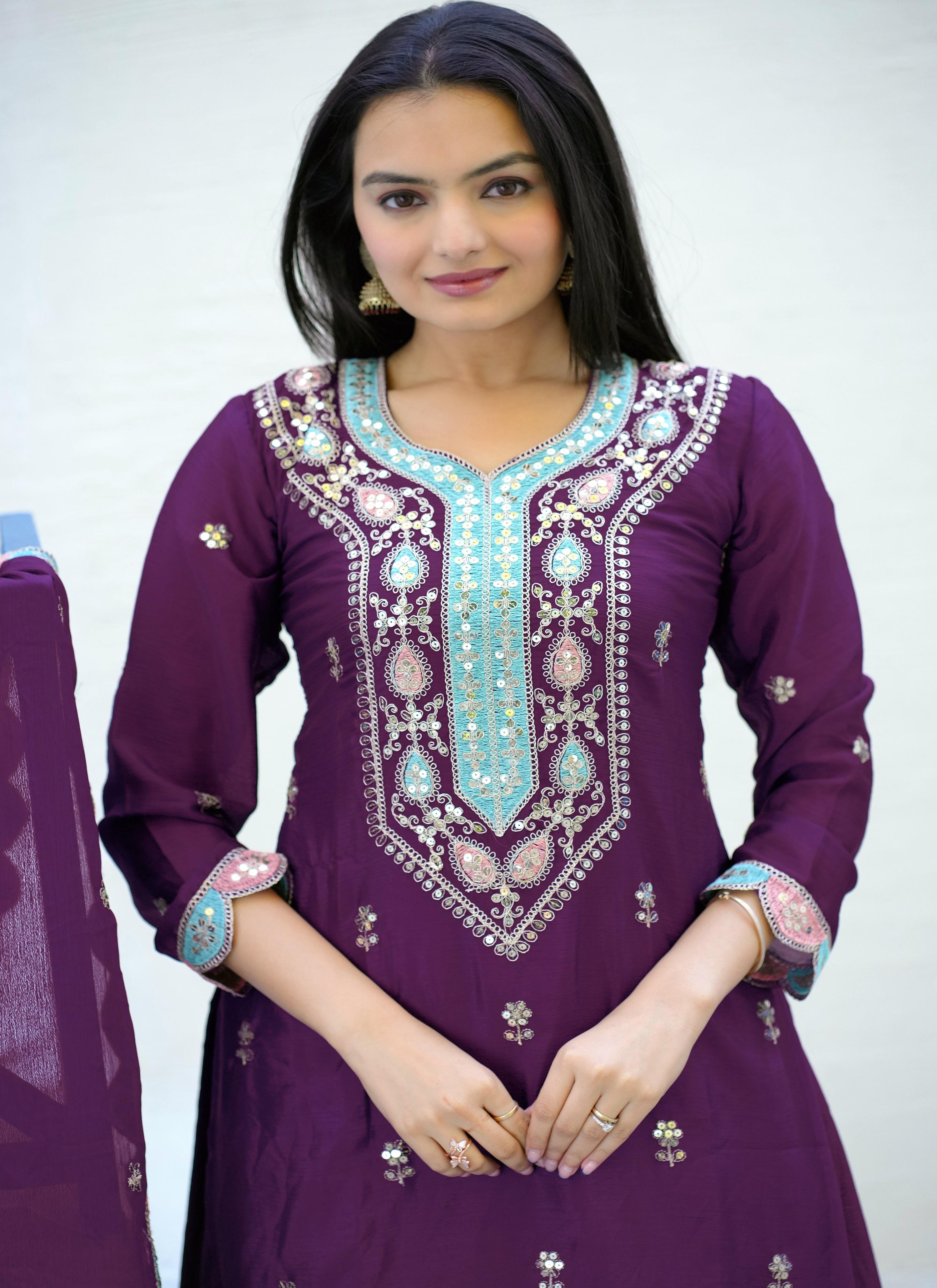 Lehenga Mart Designer Chinon Suit With Sequence Embroidered Work - Purple