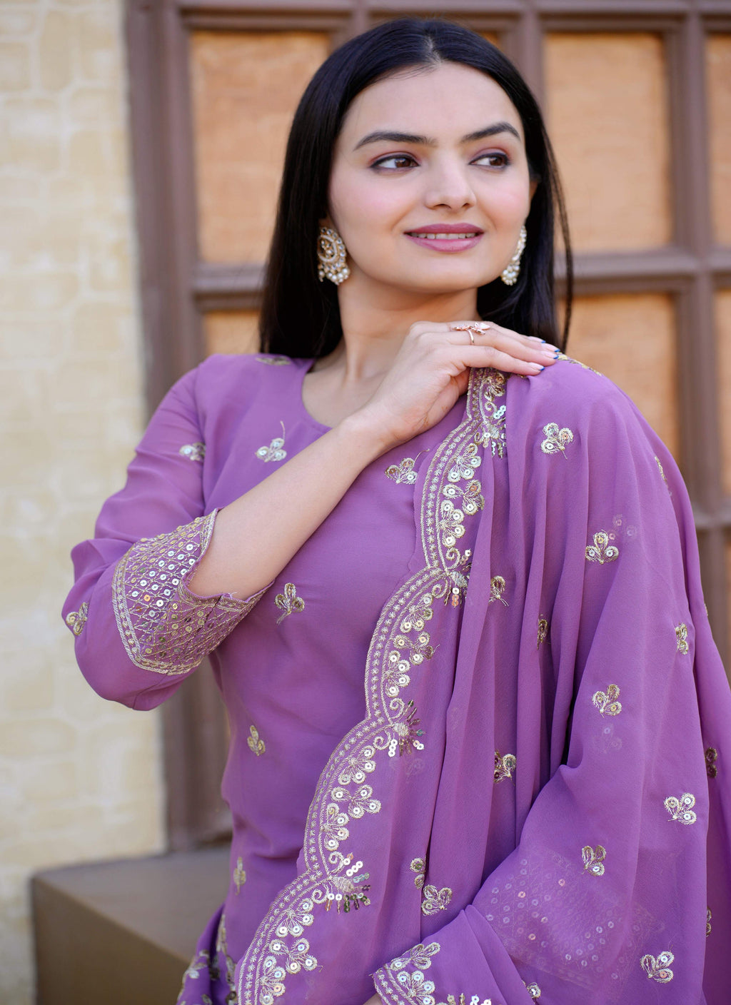 Lehenga Mart Designer Faux Georgette Sharara Suit With Sequence Embroidered Work - Lavender - Distacart