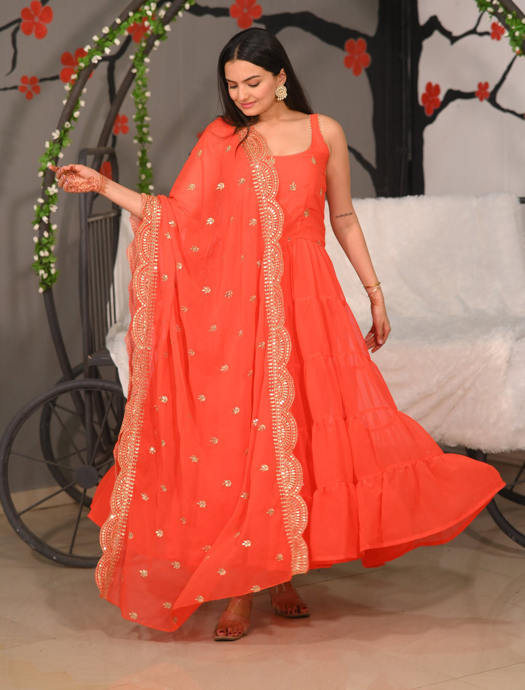 Lehenga Mart Designer Georgette Gown With Sequence Embroidered Work - Orange