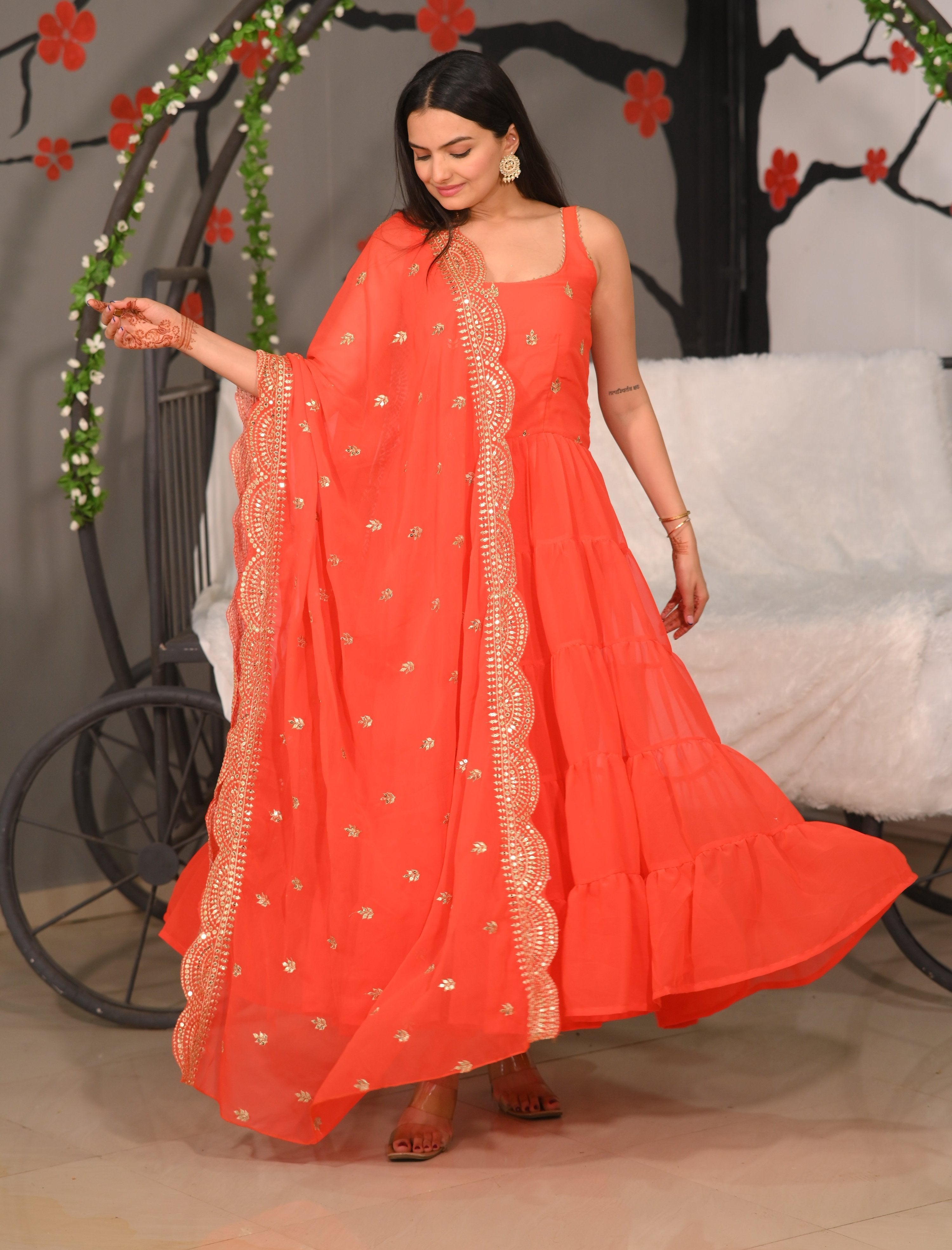 Lehenga Mart Designer Georgette Gown With Sequence Embroidered Work - Orange