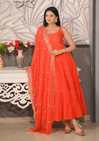 Lehenga Mart Designer Georgette Gown With Sequence Embroidered Work - Orange