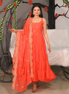 Lehenga Mart Designer Georgette Gown With Sequence Embroidered Work - Orange
