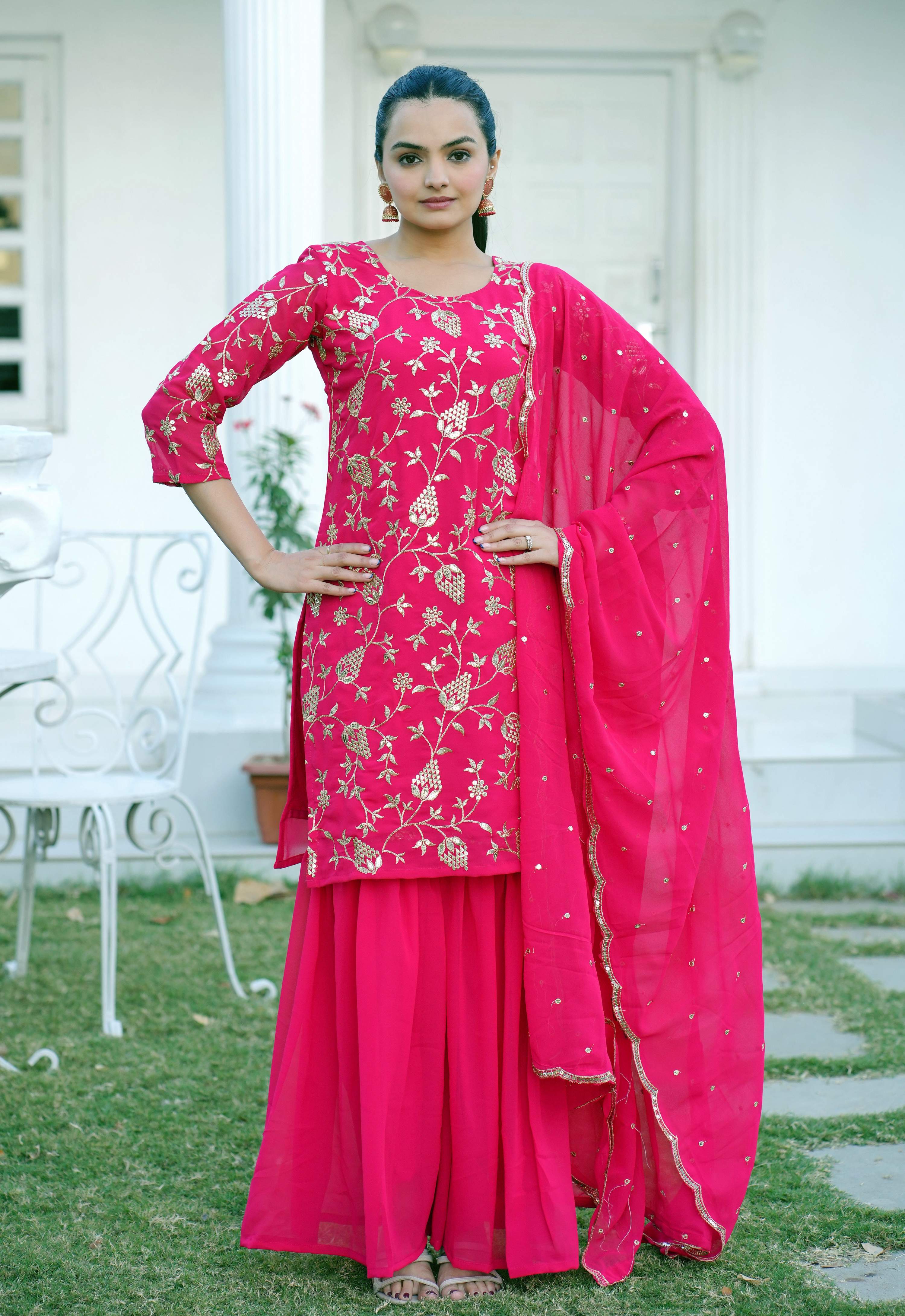 Lehenga Mart Designer Faux Georgette Sharara Suit With Sequence Embroidered Work - Pink - Distacart