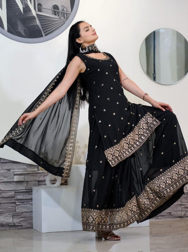 Lehenga Mart Designer Faux Georgette Sharara Suit With Sequence Embroidered Work - Black - Distacart
