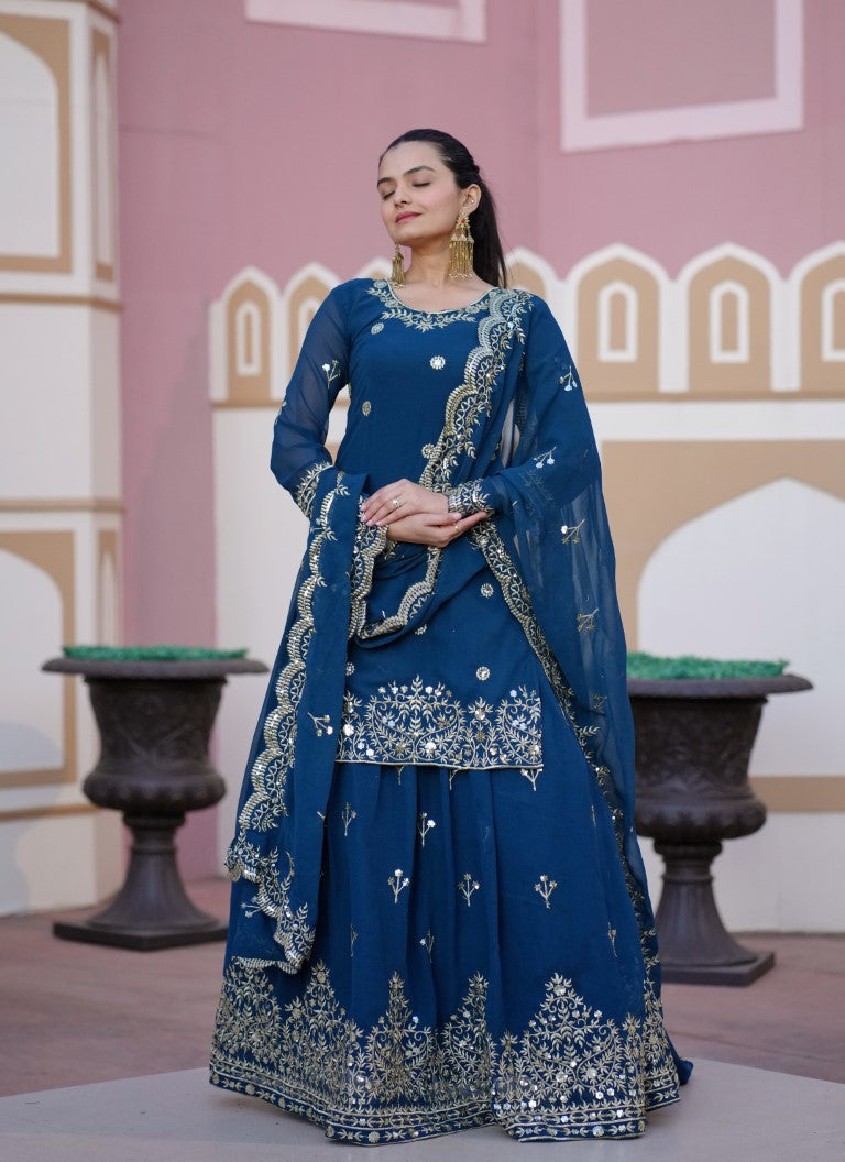 Lehenga Mart Designer Faux Georgette Lehenga Suit With Sequence Embroidered Work - Teal Blue