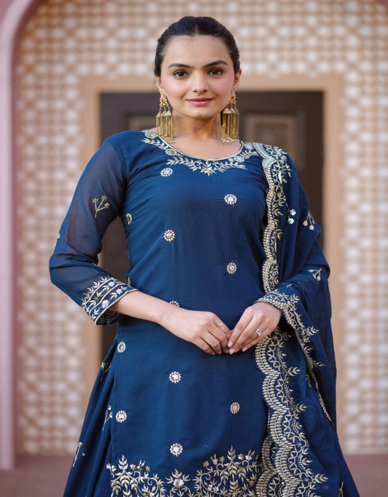 Lehenga Mart Designer Faux Georgette Lehenga Suit With Sequence Embroidered Work - Teal Blue