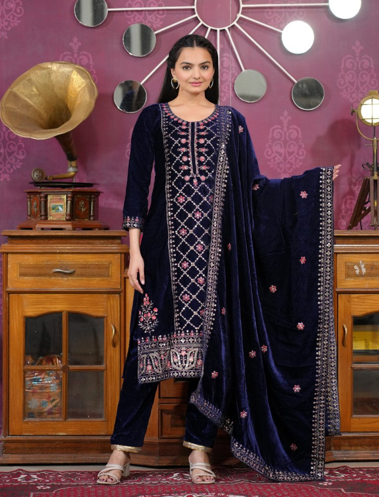 Lehenga Mart Designer Velvet Suit With Sequence Embroidered Work - Navy Blue