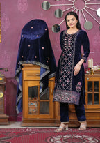 Lehenga Mart Designer Velvet Suit With Sequence Embroidered Work - Navy Blue