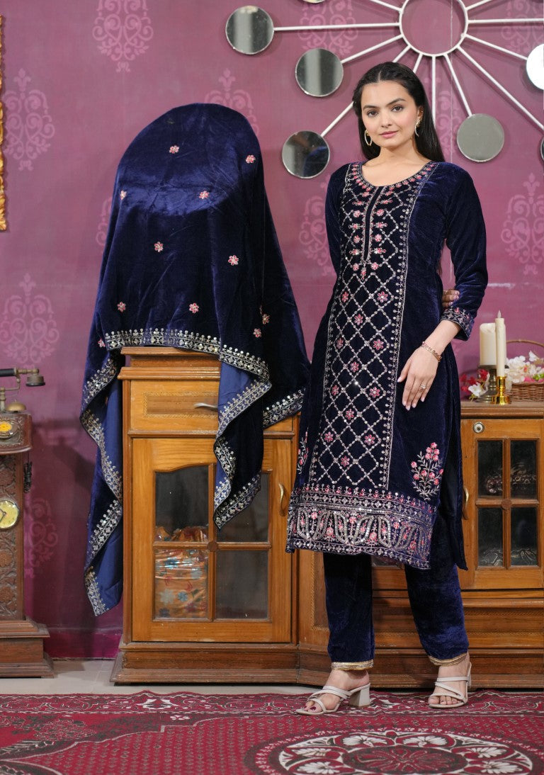 Lehenga Mart Designer Velvet Suit With Sequence Embroidered Work - Navy Blue