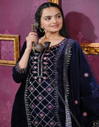 Lehenga Mart Designer Velvet Suit With Sequence Embroidered Work - Navy Blue