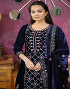Lehenga Mart Designer Velvet Suit With Sequence Embroidered Work - Navy Blue