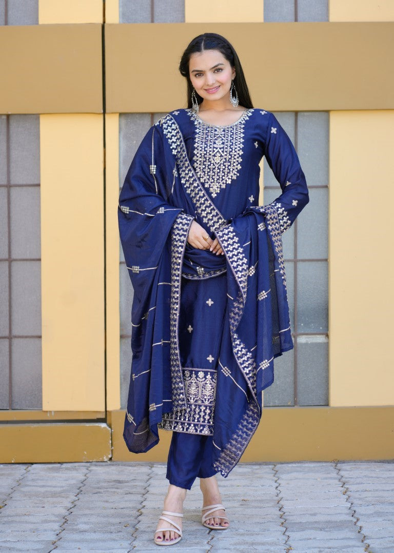 Lehenga Mart Designer Chinon Suit With Coding Sequence Embroidered Work - Blue