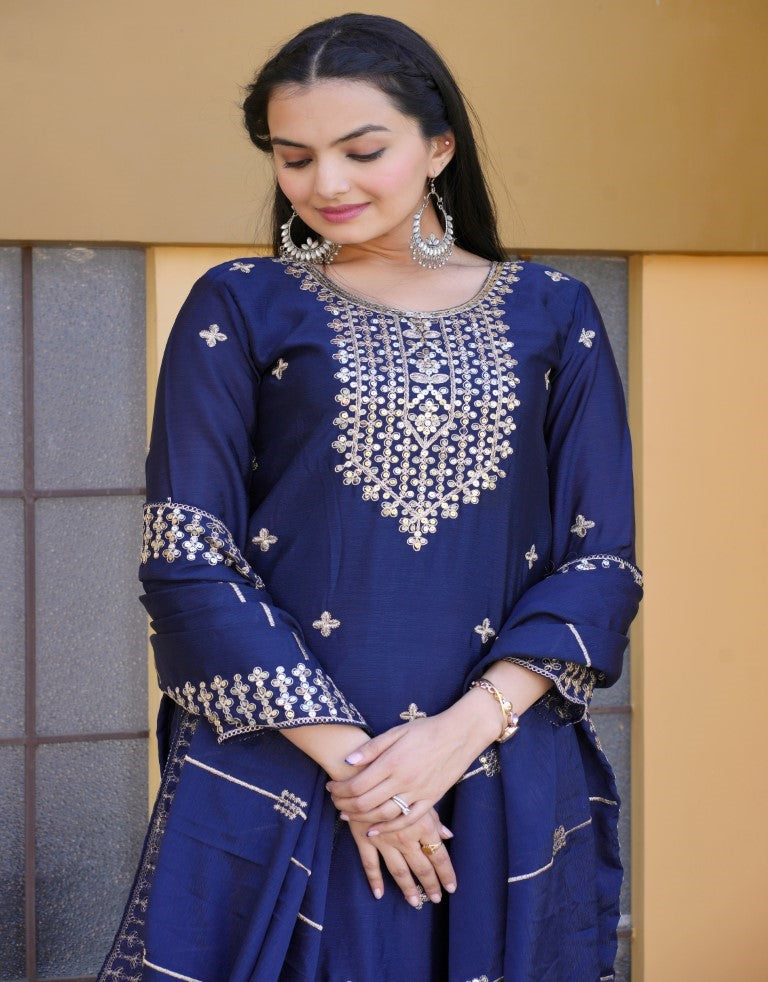 Lehenga Mart Designer Chinon Suit With Coding Sequence Embroidered Work - Blue