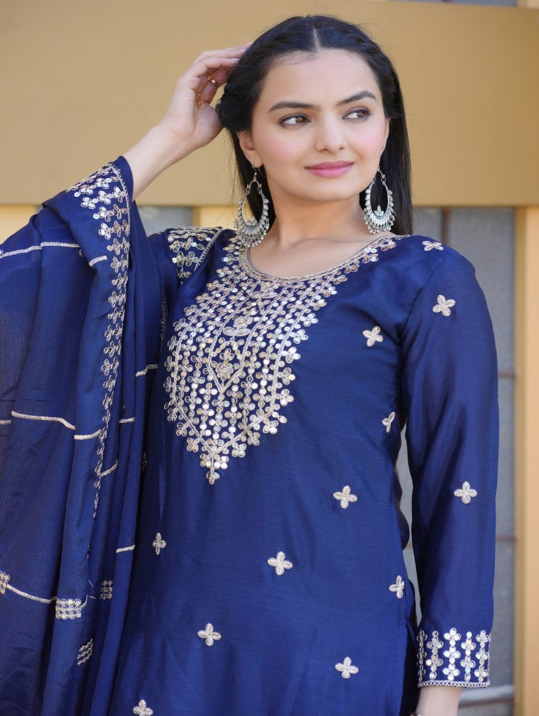 Lehenga Mart Designer Chinon Suit With Coding Sequence Embroidered Work - Blue