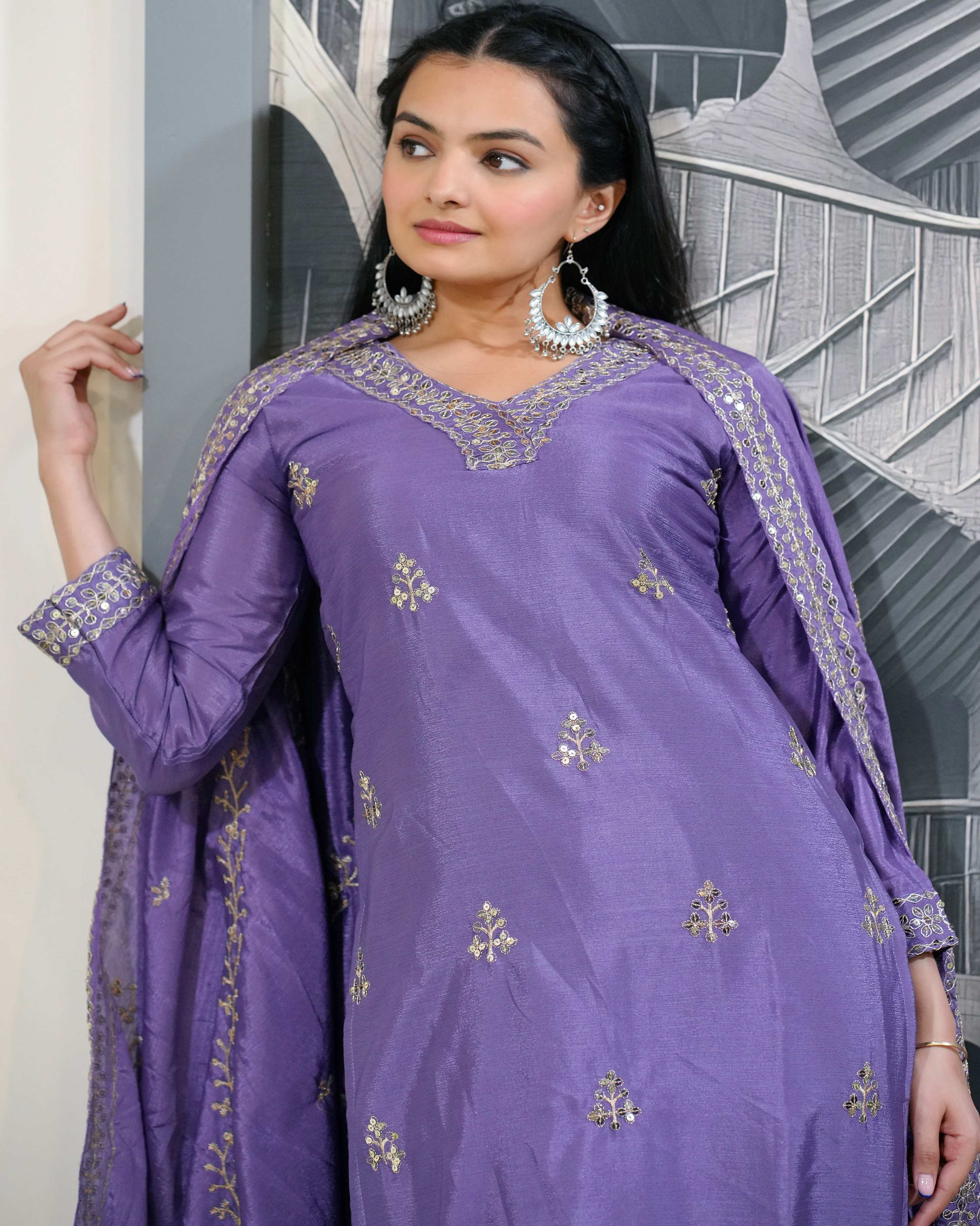 Lehenga Mart Designer Chinon Suit With Sequence Embroidered Work - Lavender