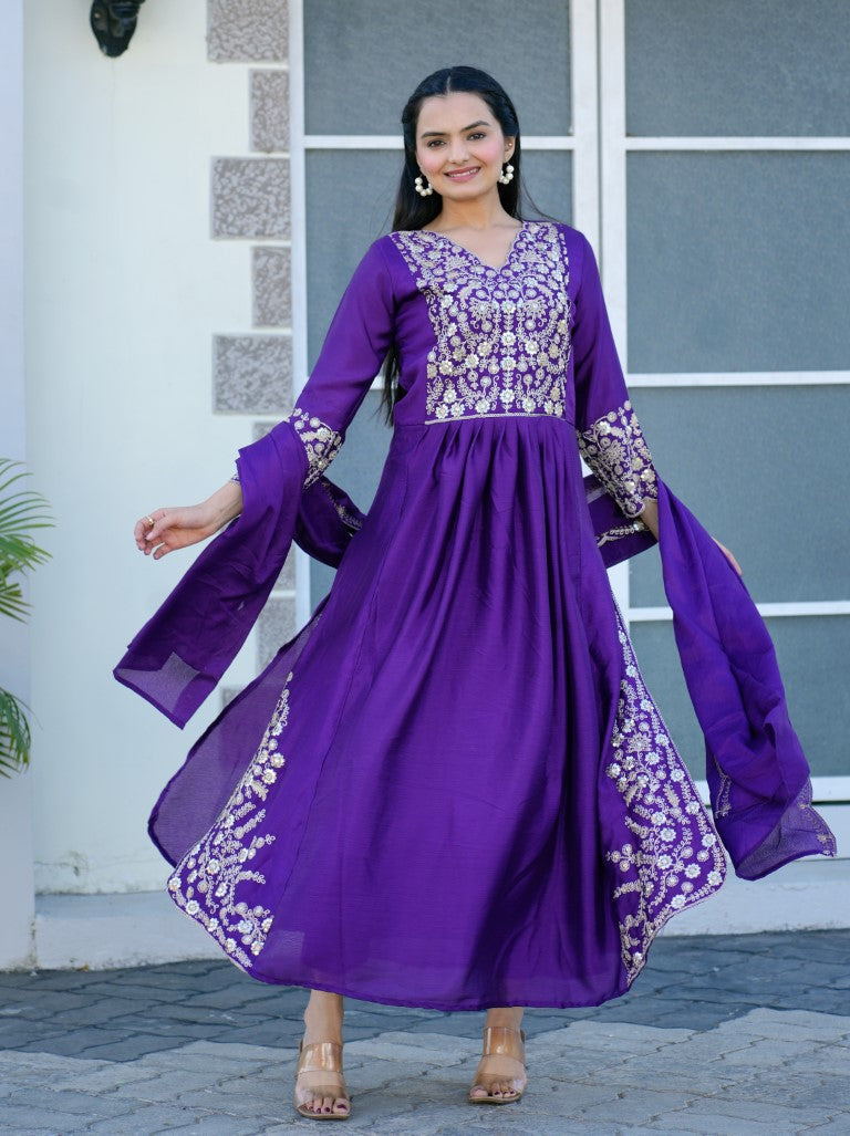 Lehenga Mart Designer Chinon Gown With Sequence Embroidered Work - Blue