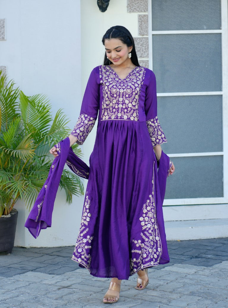 Lehenga Mart Designer Chinon Gown With Sequence Embroidered Work - Blue