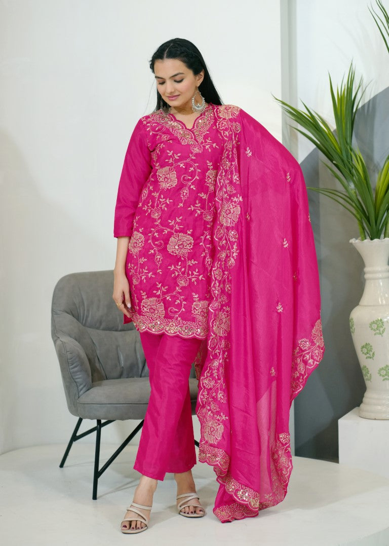 Lehenga Mart Designer Chinon Suit With Sequence Embroidered Work - Pink