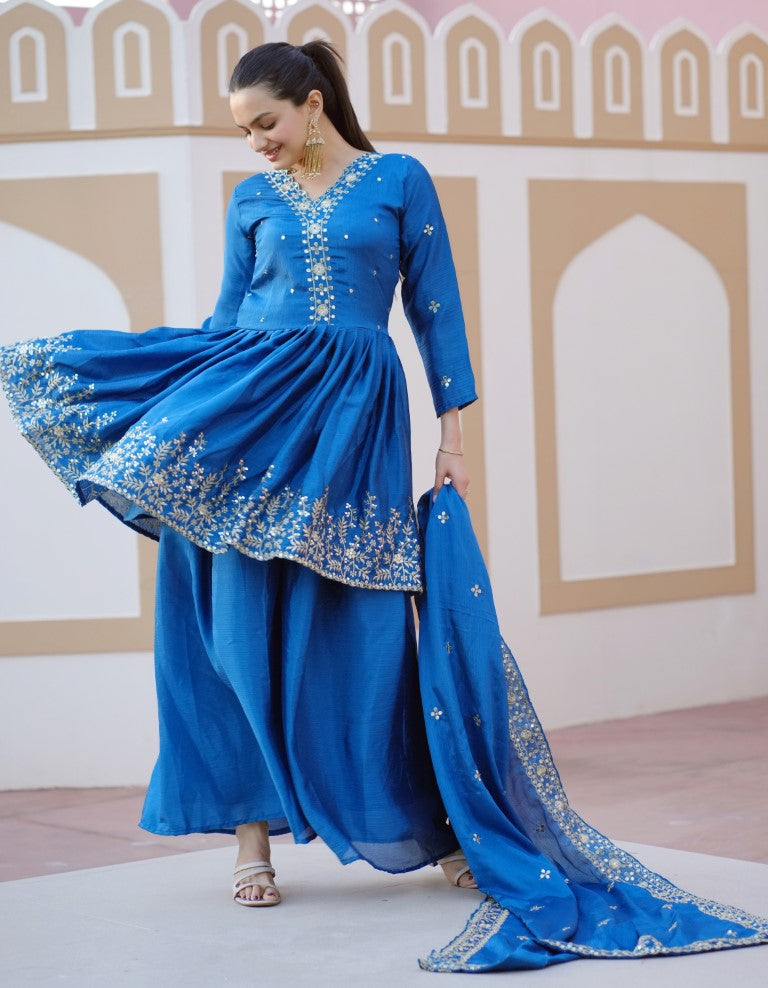 Lehenga Mart Designer Chinon Sharara Suit With Sequence Embroidered Work - Blue - Distacart