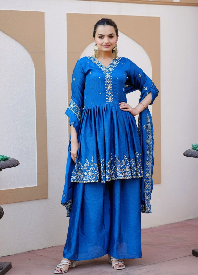 Lehenga Mart Designer Chinon Sharara Suit With Sequence Embroidered Work - Blue - Distacart