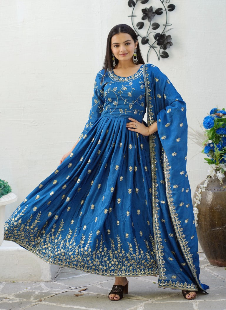 Lehenga Mart Designer Chinon Gown With Sequence Embroidered Work - Blue