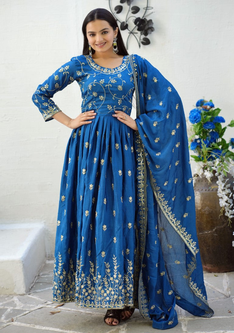 Lehenga Mart Designer Chinon Gown With Sequence Embroidered Work - Blue
